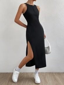 SHEIN Essnce 後鏤空高衩背心連衣裙 - 黑色 - 查看 3