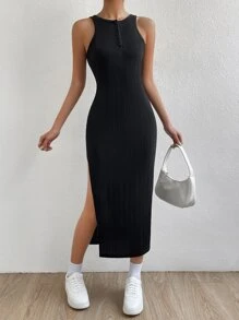 SHEIN Essnce 後鏤空高衩背心連衣裙 - 黑色 - 查看 4