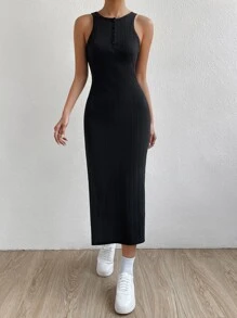 SHEIN Essnce 後鏤空高衩背心連衣裙 - 黑色 - 查看 5