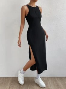 SHEIN Essnce 後鏤空高衩背心連衣裙 - 黑色 - 查看 6