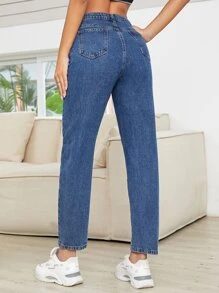 SHEIN Essnce Stepped Waist Mom Fit Jeans - Dark Wash - View 2