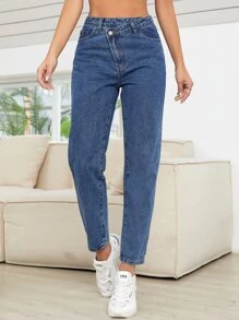 SHEIN Essnce Stepped Waist Mom Fit Jeans - Dark Wash - View 3