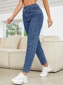 SHEIN Essnce Stepped Waist Mom Fit Jeans - Dark Wash - View 5