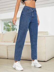 SHEIN Essnce Stepped Waist Mom Fit Jeans - Dark Wash - View 6