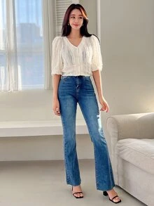 DAZY Puff Sleeve Single Breasted Jacket - Beige - View 6