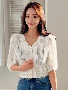 DAZY Puff Sleeve Single Breasted Jacket - Beige - View 4