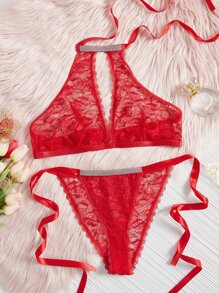 Plus Floral Lace Rhinestone Studded Lingerie Set - Red - View 1