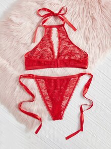 Plus Floral Lace Rhinestone Studded Lingerie Set - Red - View 2