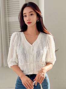 DAZY Puff Sleeve Single Breasted Jacket - Beige - View 7