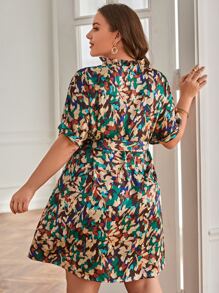 SHEIN Frenchy Plus Allover Print Belted Dress - Multicolor - View 3