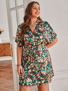 SHEIN Frenchy Plus Allover Print Belted Dress - Multicolor - View 5