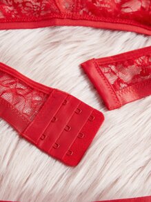 Plus Floral Lace Rhinestone Studded Lingerie Set - Red - View 4