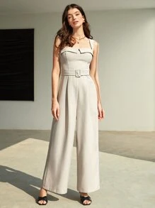 BizChic 女士纯色宽松休闲系带连体裤，优雅百搭，适合商务、休闲、办公、教师、海滩及度假等场合。