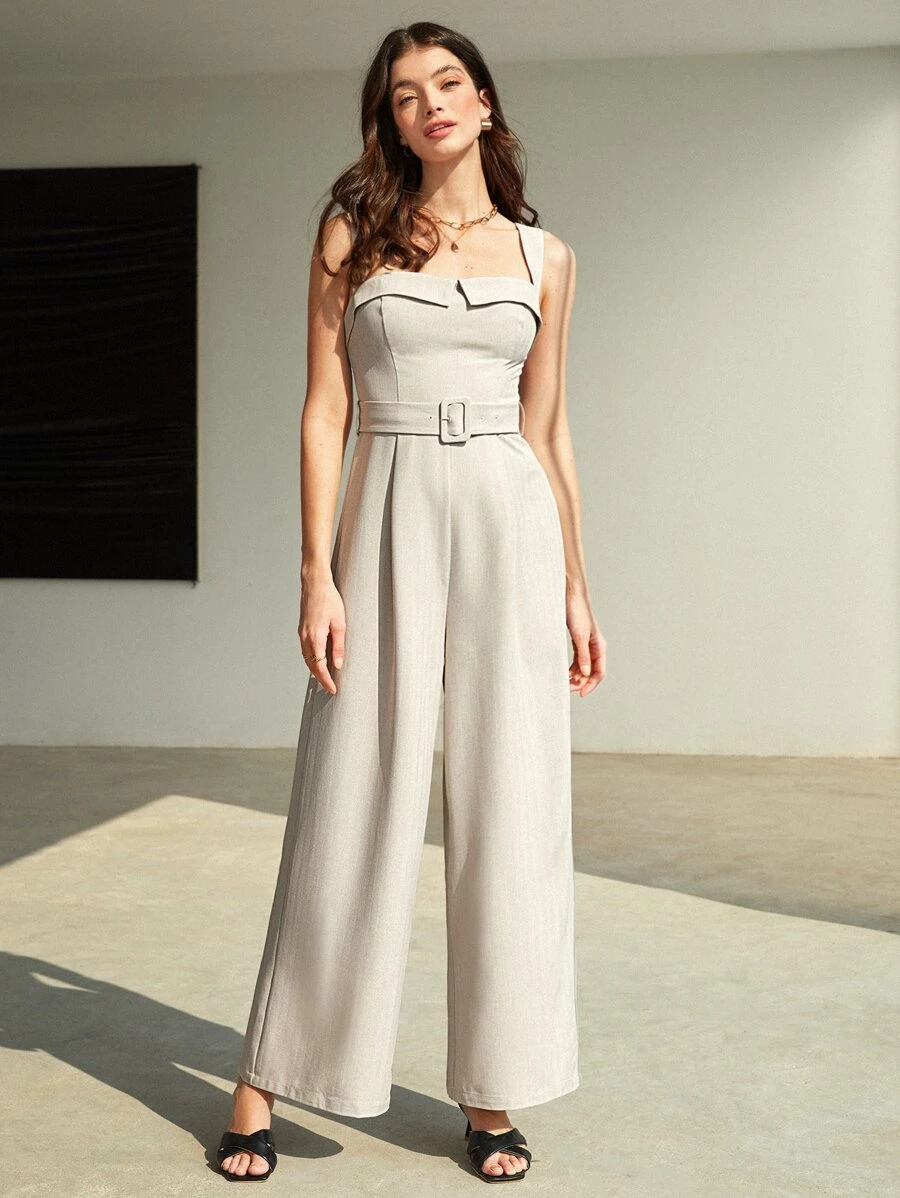 BizChic 女士纯色宽松休闲系带连体裤，优雅百搭，适合商务、休闲、办公、教师、海滩及度假等场合。