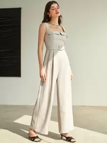 BizChic 女士纯色宽松休闲系带连体裤，优雅百搭，适合商务、休闲、办公、教师、海滩及度假等场合。