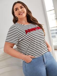 SHEIN Frenchy 大碼字母圖案條紋圖案T恤 - 白色 - 查看 5