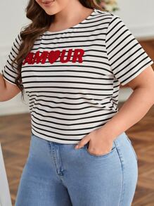 SHEIN Frenchy 大碼字母圖案條紋圖案T恤 - 白色 - 查看 6