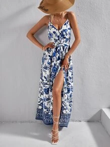 SHEIN VCAY Đầm Thắt lưng Trọn gói Tách cao Hoa Boho - Màu xanh lam - Xem 3