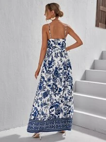 SHEIN VCAY Đầm Thắt lưng Trọn gói Tách cao Hoa Boho - Màu xanh lam - Xem 2