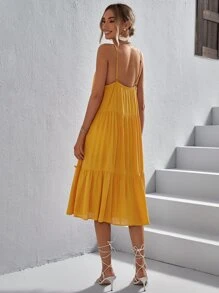 SHEIN VCAY 素色荷葉邊吊帶連衣裙 - 芥末黃 - 查看 2