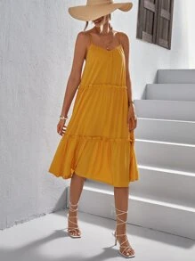 SHEIN VCAY 素色荷葉邊吊帶連衣裙 - 芥末黃 - 查看 1