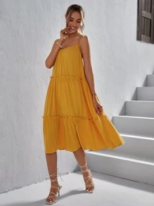 SHEIN VCAY 素色荷葉邊吊帶連衣裙 - 芥末黃 - 查看 5