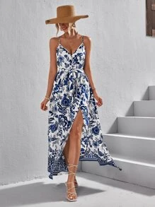 SHEIN VCAY Đầm Thắt lưng Trọn gói Tách cao Hoa Boho - Màu xanh lam - Xem 6