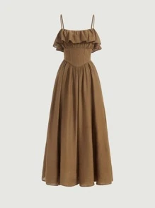 SHEIN MOD Vestido de tirantes ribete con fruncido - Marrón Mocha - Ver 1