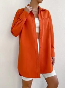 SHEIN EZwear 落肩袖口袋貼布襯衫 - 橘色 - 查看 4