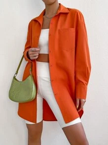 SHEIN EZwear 落肩袖口袋貼布襯衫 - 橘色 - 查看 5