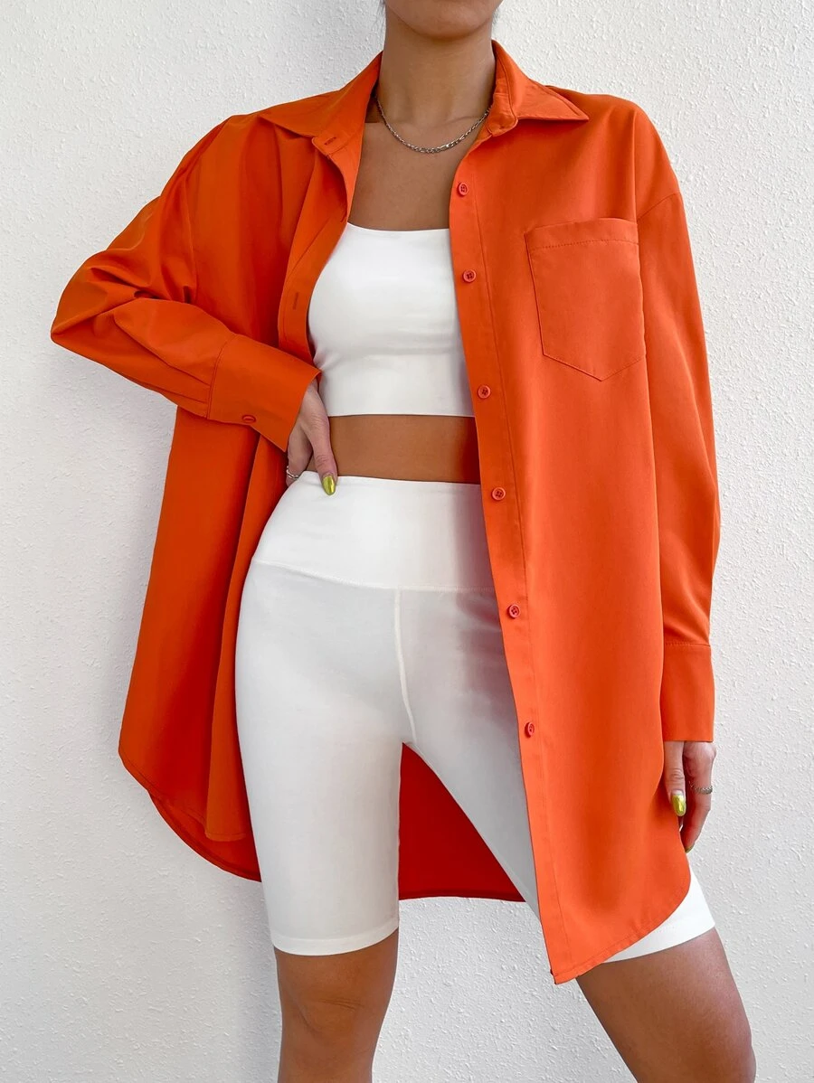SHEIN EZwear 落肩袖口袋貼布襯衫 - 橘色 - 查看 1