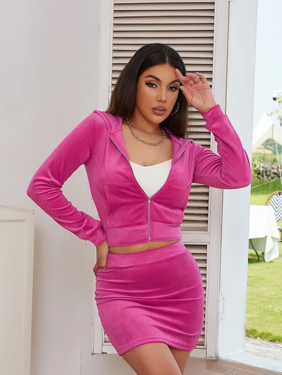 Bộ đồ hai mảnh nữ Túi Dây kéo màu trơn Giải trí - Màu Hồng Tươi - Xem 1