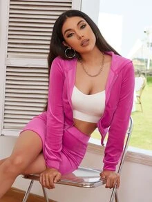 Bộ đồ hai mảnh nữ Túi Dây kéo màu trơn Giải trí - Màu Hồng Tươi - Xem 5