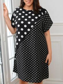 EMERY ROSE 大碼波卡圓點蝙蝠袖連衣裙 - 黑與白 - 查看 5