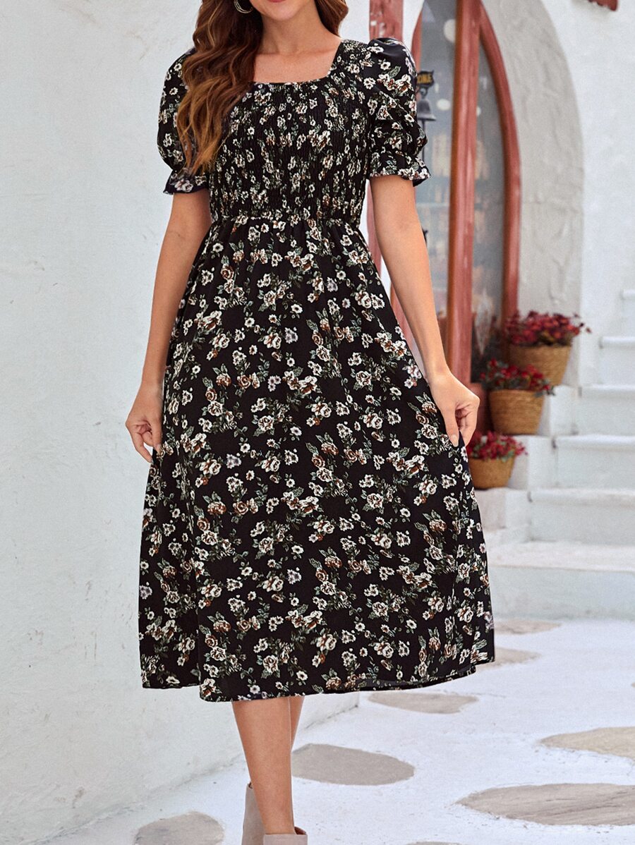 SHEIN Clasi 1pc Floral Print Square Neck Flounce Sleeve Dress - Multicolor - View 1