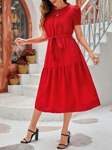 SHEIN Clasi 1 pieza Vestido unicolor con cinturón bajo con fruncido - Rojo - Ver 1