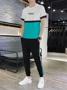 Manfinity Hypemode 男士字母圖案撞色T恤和運動褲 - 彩色 - 查看 1
