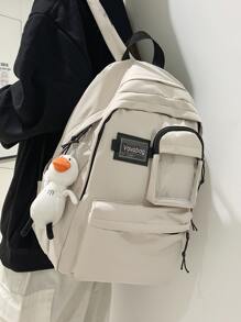 Men Letter Patch Backpack With Cartoon Bag Charm - White - View 1