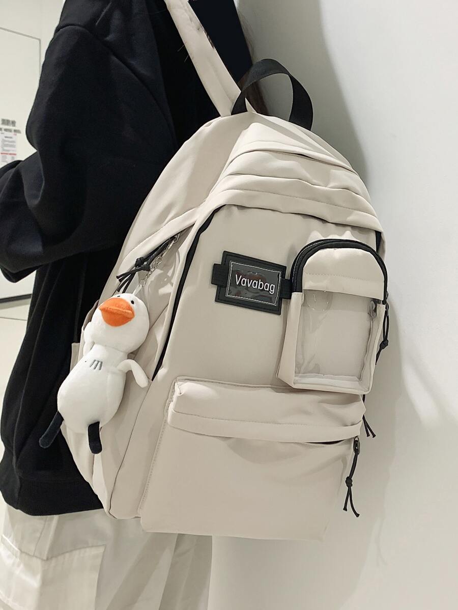Men Letter Patch Backpack With Cartoon Bag Charm - White - View 1