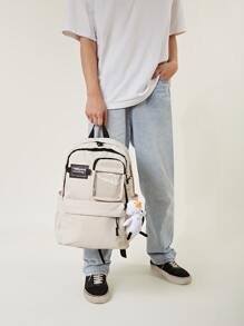 Men Letter Patch Backpack With Cartoon Bag Charm - White - View 2