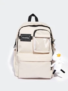 Men Letter Patch Backpack With Cartoon Bag Charm - White - View 3