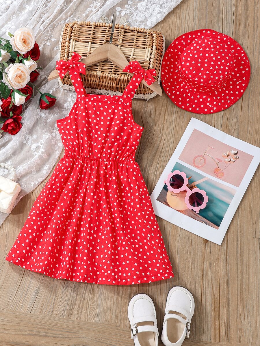 Young Girl Allover Heart Print Bow Shoulder Cami Dress & Accessory Hat