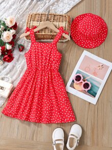 Young Girl Allover Heart Print Bow Shoulder Cami Dress & Accessory Hat
