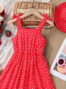 Young Girl Allover Heart Print Bow Shoulder Cami Dress & Accessory Hat