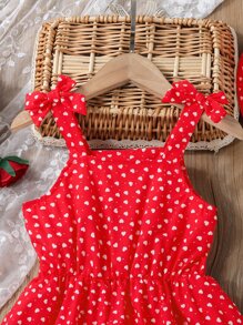 Young Girl Allover Heart Print Bow Shoulder Cami Dress & Accessory Hat