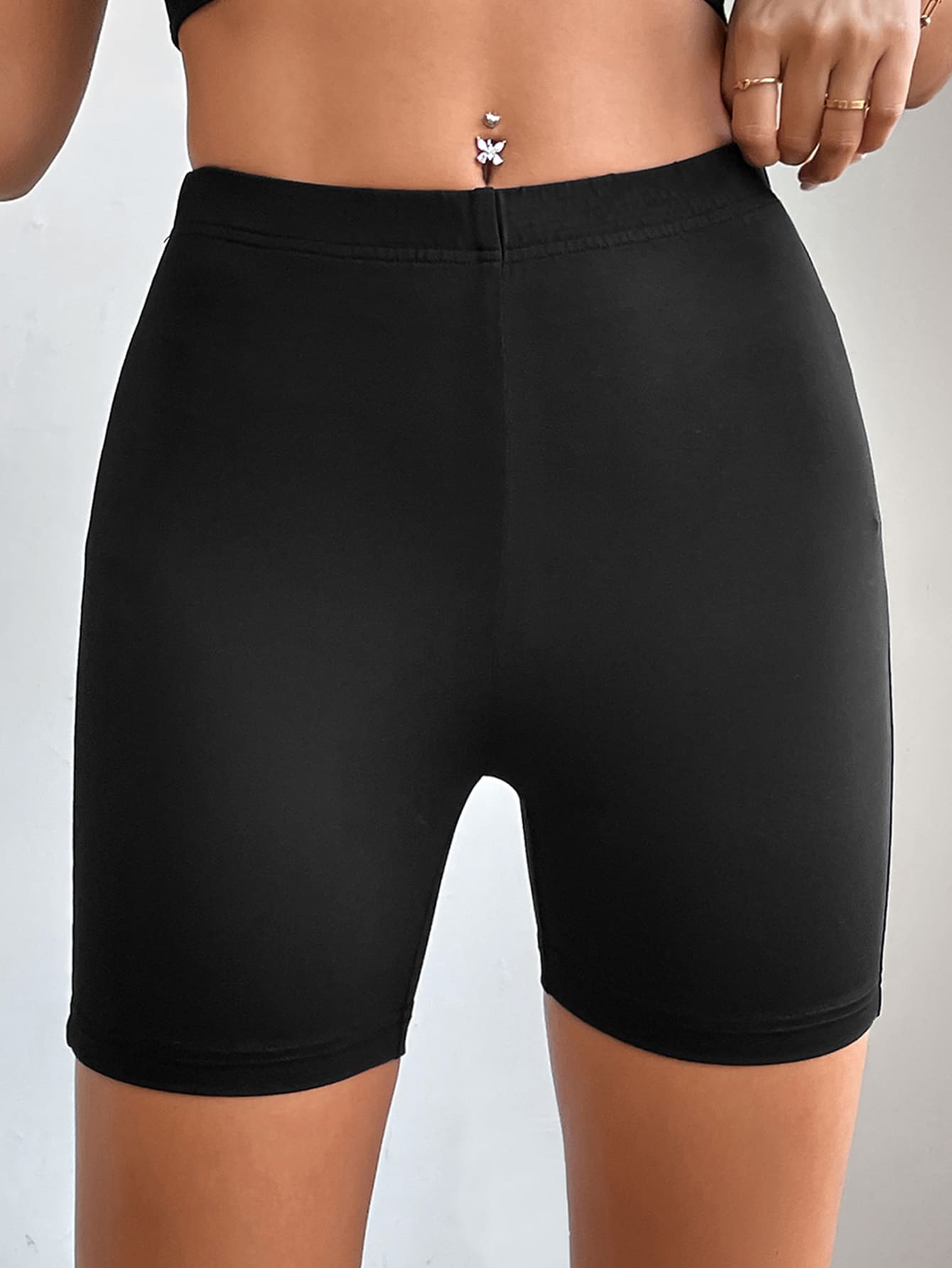 SHEIN PETITE Solid Cycling Shorts - Black - View 1