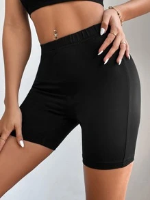 SHEIN PETITE Solid Cycling Shorts - Black - View 3