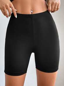 SHEIN PETITE Solid Cycling Shorts - Black - View 4