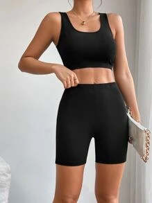 SHEIN PETITE Solid Cycling Shorts - Black - View 5