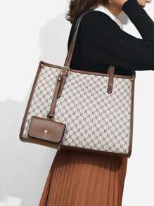 Geometric Pattern Contrast Binding Shoulder Tote Bag With Coin Purse Large-Capacity Retro Tote Bag, Geometric Pattern Shoulder Bag With Hanging Purse, Women's Colorblock Shoulder Bag , Women Bag With Dime Bag - Multicolor - View 2